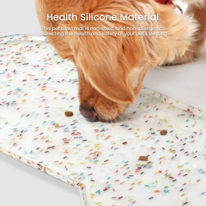 PWTAA Dog Food Mat Anti-Slip Silicone Dog Bowl Mat Thicker Pet Placemat Waterproof Cat Feeder Pad with Raised Edge Puppy Kitten Feeding Mats Suitable Small Medium-Sized Dogs Cats Eating Tray - 2PCS - color: Donut White, size: 19.4" x 9.8"-2PCS