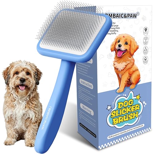 Dog Slicker Brushes for Poodles,Doodles,Goldendoodles,Bernedoodle.Dog Brushes for Thick Long Curly Fur Deshedding,Fluff,Grooming.Remove Loose Fur Quick Easy.Long Pin Slicker Brush.Wooden(Large) - color: Blue