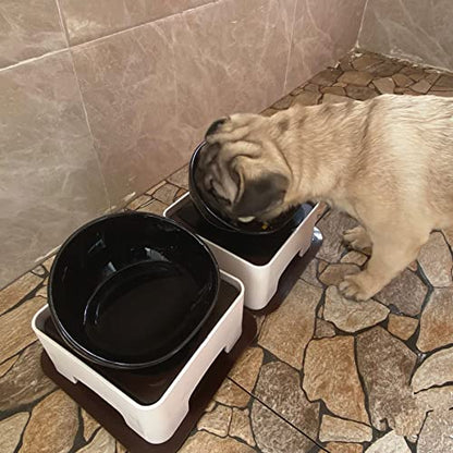 Ceramic Bulldog Bowl Dog Feeding Bowl - Dog Dish Wide Mouth Pet Sterile Tilted Pet Feeder with Anti-Skid Rubber Mat for Small Medium Dogs (Black) - color: Black bowl set