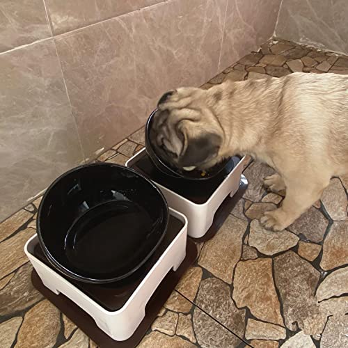Ceramic Bulldog Bowl Dog Feeding Bowl - Dog Dish Wide Mouth Pet Sterile Tilted Pet Feeder with Anti-Skid Rubber Mat for Small Medium Dogs (Black) - color: Black bowl set
