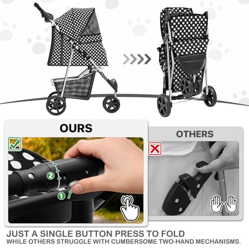 MoNiBloom 3 Wheels Pet Dog Cat Stroller for Small Medium Dogs Cats, Foldable Jogger Stroller w/Storage Basket and Cup Holder, Black Polka Dots - color: Black Polka Dots