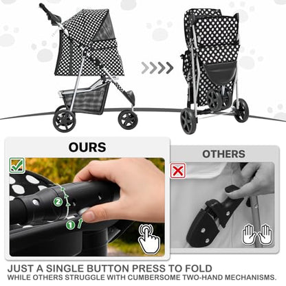MoNiBloom 3 Wheels Pet Dog Cat Stroller for Small Medium Dogs Cats, Foldable Jogger Stroller w/Storage Basket and Cup Holder, Black Polka Dots - color: Black Polka Dots
