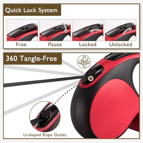 Retractable Dog Leash with Chew Proof Cable,26 ft Durable Dog Leash for Large Medium Dogs up to 110 lbs, 360° untangled, One-Handed Brake. (Red) - color: Red, size: 26ft