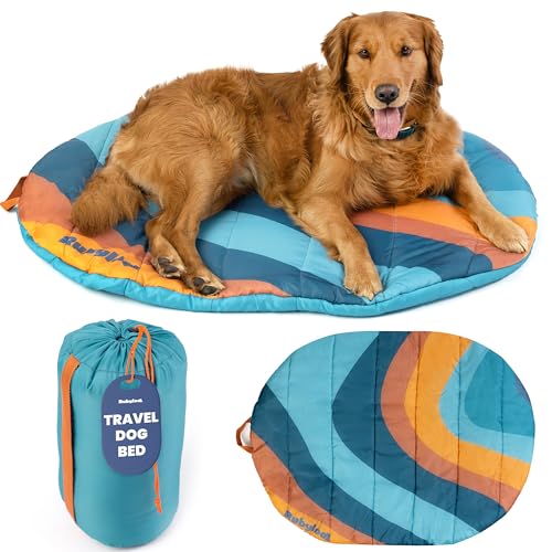 Travel Dog Bed (42" x 30") – Foldable & Packable for Travel, Road Trip, Camping – Lightweight, Water Resistant & Cozy Soft Padding – Compact, Portable & Machine Washable – Medium & Large Breeds: Teal - color: Sunset Surf, size: Large