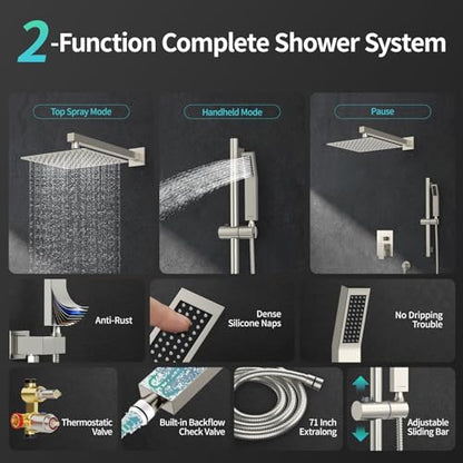 SR SUN RISE Shower System with 10" Rain Showerhead, Square Handheld Showerwith 16-Inch Slide Bar and 71-Inch Hose, Wall Mounted Shower Faucet Set Included Valve and Trim Kit, Brushed Nickel - color: Brushed Nickel, style: 10"