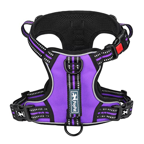 PoyPet No Pull Dog Harness, No Choke Front Clip Reflective Dog Vest with Soft Padded Vertical Handle, 3 Leash Attachments for Small Medium Large Dogs (Purple,XL) - color: Purple, size: Extra Large