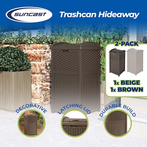 Suncast 33 Gallon Trash Hideaway Easy Assembly Durable Plastic Garbage Container with Wood Look Design, 1 Beige and Brown (2 Pack) - color: Beige/Brown, size: 2 Pack
