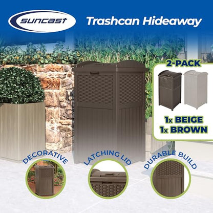 Suncast 33 Gallon Trash Hideaway Easy Assembly Durable Plastic Garbage Container with Wood Look Design, 1 Beige and Brown (2 Pack) - color: Beige/Brown, size: 2 Pack