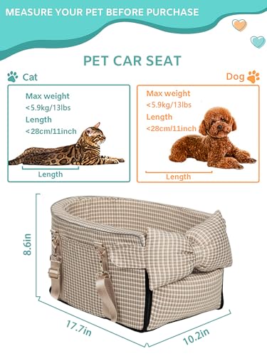 Prpeko Dog Car Seat for Small Dogs,Center Console Seat for Puppy,Anti-Collapse Pet Car Seat with Soft Cushion Safety Belt, Portable Car Armrest Seat for Dog & Cat Under 15 lbs (Grid-Brown)