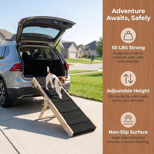Wooden Dog Ramp for Bed – Folding Pet Ramp for Couch | Collapsible Wooden Pet Ramp, 4 Adjustable Heights, Non-Slip High Traction Fabric Surface, Portable Solid Pine Wood Steps - size: Trumpet