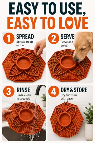 PetThrow Dog Slow Feeder Lick Mat Bundle – Octagon Silicone Feeder Bowl with Center Dish for Fresh & Wet Food, Suction Cups | Includes Spatula, Cleaning Brush & Recipe Card, Dishwasher Safe
