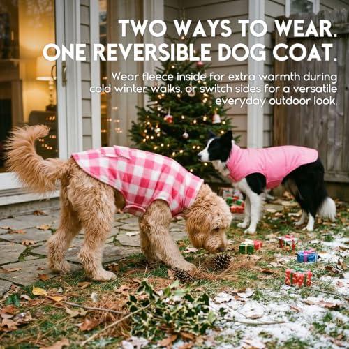 ASENKU Dog Winter Coat, Fleece Doggie Jacket Plaid Reversible Vest Waterproof Windproof Cold Weather Clothes for Small Medium Large Dogs (M, Pink) - color: Pink, size: Medium