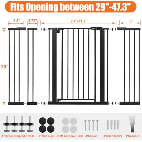 keny Extra Wide Baby Gate - Auto Close Safety Gate, Pressure Mounted, 29"-47.3", 30" Tall, Black - color: Black, size: 29-47.3"Wide, 30"Tall