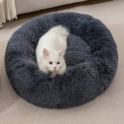 Donut Cat Bed Dog Bed Round Plush Pet Cushion Fluffy Rabbit Cave Pet Beds Warm Cozy Anti Anxiety Beds Dog Pillow for 5KG Large Pet - color: Dark Gray, size: 17inch
