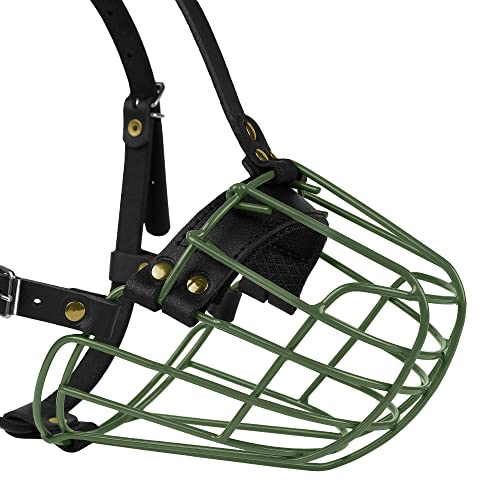 Pitbull Dog Muzzle Metal Mask Amstaff Secure Wire Basket Adjustable Durable Leather Straps for Large Dogs (Green) - color: Green