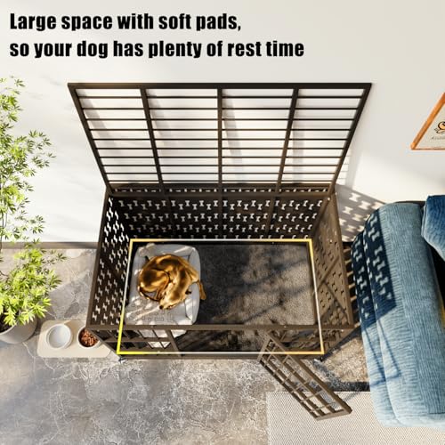 LEMBERI 48" Heavy Duty Indestructible Privacy Enclosed Dog Crate with Mat, 500lbs Capacity Escape Proof Dog Kennel, 36" Tall High Anxiety XL Metal Dog Cage with Lockable Wheels, Removable Tray, Black - color: Black, size: 47.2"L x 29.9"W x 35.4"H