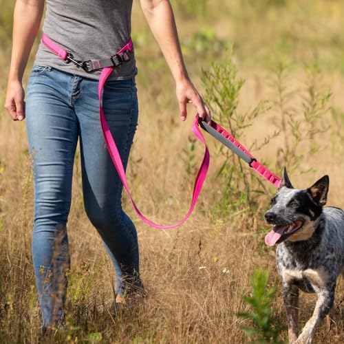 Cross Body Dog Leash - Waist or Shoulder Leash for Walking and Hiking with Medium and Large Dogs, Adjustable 4 to 6 FT Outdoor Bungee Lead with Traffic Handle by Nuvuq (18-120 lbs, Pink) - color: Raspberry Pink