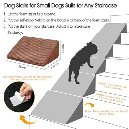 40D Dog Ramp for Stairs for Small & Senior Dogs and Cats – Non-Slip Stair Ramp for Dogs with Gentle Slope, Pet Ramp with Washable Cover & Self-Sticky Pads for Safe Climbing Easy Install(Brown, 3 Pack)