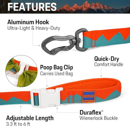 Charlie’s Backyard Teton Dog Leash, Urban to Trail 6 FT Heavy-Duty Lead Adjustable Length Hands-Free Waist-Worn, Ultra-Light Aluminum Hook, Comfort Handle with Poop Bag Clip, Sunset Peaks - color: Sunset Peaks