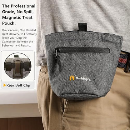 Barkingly. Dog Treat Pouch for Pet Training with Clicker. No Spill Magnetic Closure, 4 Ways to Wear, Detachable Waist Belt and Clip, Durable, One Handed Training, Waterproof Body. Treat Bag Pouches.
