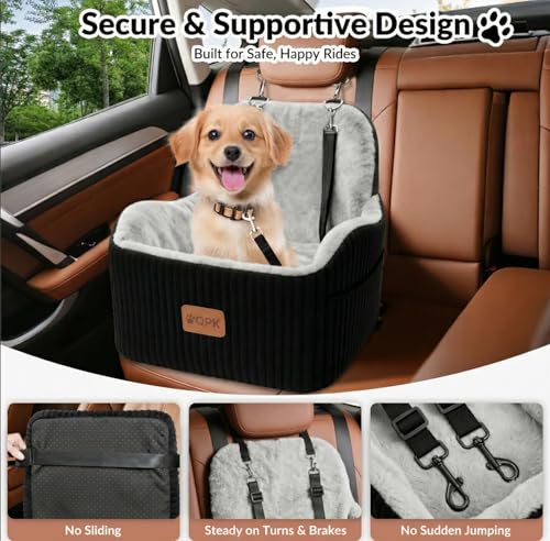 Dog Booster Car Seat for Small Medium Dogs Up to 35 lbs, 6" Elevated Plush Faux Fur Dog Car Seat with Dual Safety Leash, Anti-Tip Non-Slip, Fits Front Back Seat of SUVs Trucks Sedans, Washable Cover