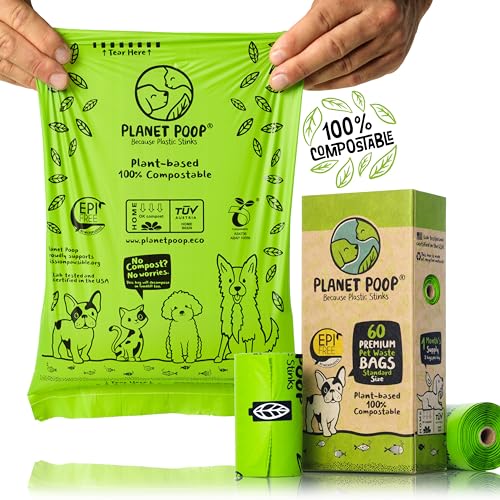 PLANET POOP Home Compostable Dog Poop Bags on Refill Rolls, 60 Un-Scented Pet Waste Bags, Thick Leakproof Plant-Based Doggy Bag, Cat & Dogs Supplies - size: 60 Count (Pack of 1)