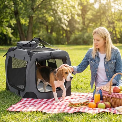 Giantex Folding Soft Dog Crate, 28 Inch Foldable Portable Dog Kennel for Medium Dogs up to 35 lbs, Collapsible Soft-Sided Pet Travel Crate with 5-Sided Mesh, 3 Doors, Washable Mat & Storage Pockets - size: 28.0"L x 21.0"W x 21.0"H