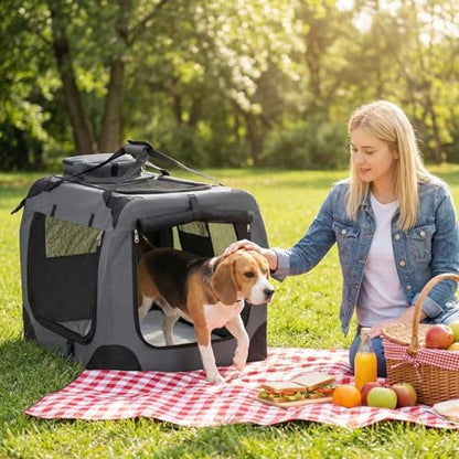 Giantex Folding Soft Dog Crate, 28 Inch Foldable Portable Dog Kennel for Medium Dogs up to 35 lbs, Collapsible Soft-Sided Pet Travel Crate with 5-Sided Mesh, 3 Doors, Washable Mat & Storage Pockets - size: 28.0"L x 21.0"W x 21.0"H