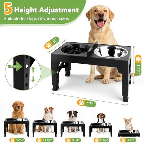 MECHEER 4-in-1 Dog Bowl Elevated Stand with Slow Feeder & Spill-Proof Water Bowl, 5-Height Adjustable Raised Dog Bowl for Large, Medium, and Small Dogs, Non-Slip Base Dog Feeding Station