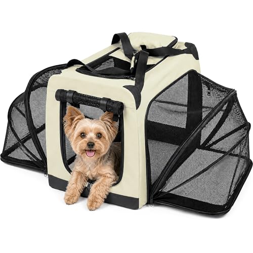 Pet Life ® 'Hounda Accordion' Metal Soft-Folding Collapsible Dual-Sided Triple-Expandable and Collapsible Folding Travel Dog Crate and Pet Playpen - color: Khaki, size: 35.8"L x 24.8"W x 35.8"H