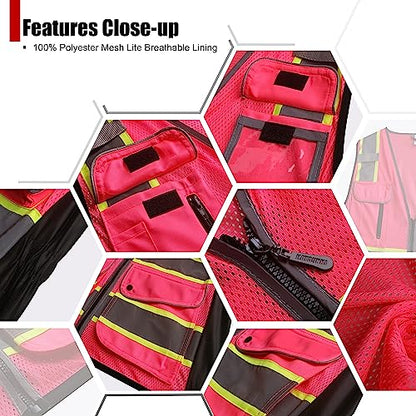 High Visibility Reflection Pink Mesh Safety Vests with 8 Pockets and Front Zipper, hi vis safety vest for Women, Meets ANSI/ISEA Standards(Pink-16,X-Large) - color: Pink, size: X-Large