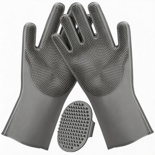 2PCS Dog Washing Gloves and Dog Bath Brush, Pet Shower Mitt with 3000 Soft Rubber Bristles, Adjustable Handle Scrubber for Bath, Massage and Grooming - color: Grey