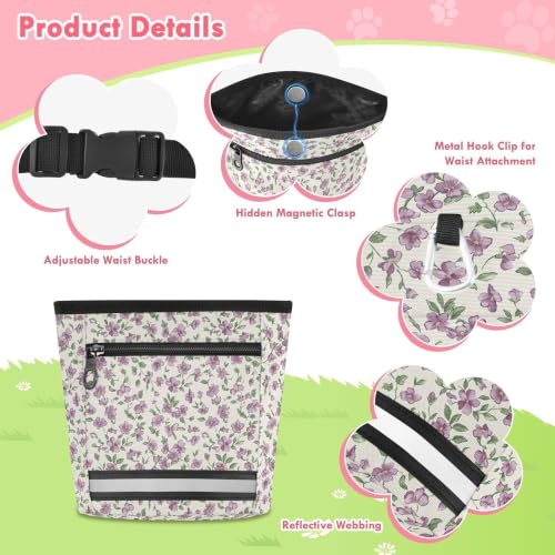 Flower Water-Resistant Dog Treat Pouch, 3 Ways to Wear Treat Bag with Magnetic Closure & Reflective Strip, Hands-Free for Pet Training, Walking