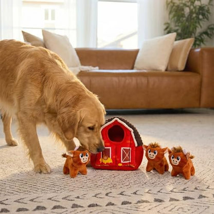 Outward Hound Hide-A-Cow Dog Toy, 2-in-1 Interactive Hide & Seek Plush Puzzle with Barn & 3 Squeaky Highland Cows - color: Cow