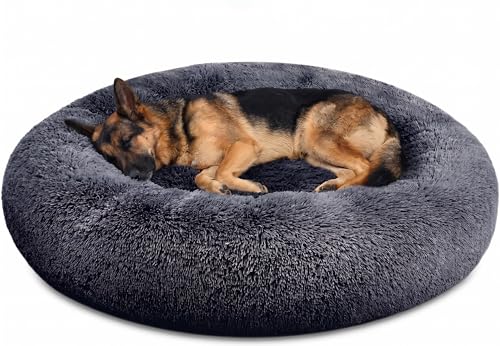 SAVFOX 45 inches Calming Donut Dog Bed - 3X Durable Plush Faux Fur, Machine Washable & Non-Slip, Fits up to 150 lbs, Dark Grey - color: Dark Grey, size: X-Large | 45"x45"