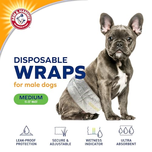 Arm & Hammer Medium Male Dog Wraps, Disposable Belly Band Diapers with Baking Soda Odor Control, Super Absorbent Leak Resistant Design for Marking and Incontinence, 15-23 Inch Waist, 12 Count - size: Medium