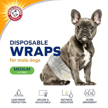 Arm & Hammer Medium Male Dog Wraps, Disposable Belly Band Diapers with Baking Soda Odor Control, Super Absorbent Leak Resistant Design for Marking and Incontinence, 15-23 Inch Waist, 12 Count - size: Medium
