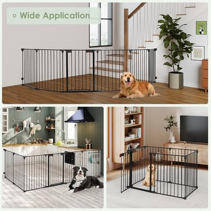 SMONTER Freestanding Dog Gate with Door Walk Through, 152" Extra Wide Foldable Dog Fence, 6 Panels 29" Tall Metal Pet Gate for Stairs, Hallways - size: 6 Panels 152" W x 29" H