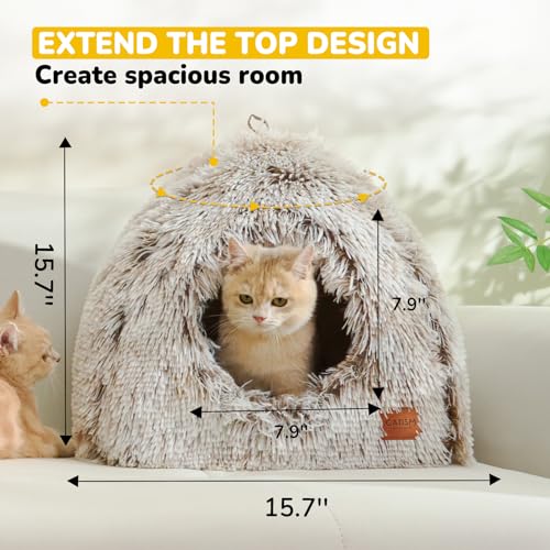 CATISM Cat Bed, Cat Cave for Indoor Cats, Soft Cat Dome, Self-Warming 2 in 1 Foldable Pet Cat House with Washable Cushioned Pillow Calming Fluffy Dog Beds for Small Dogs with Anti-Slip Bottom Brown - color: Brown