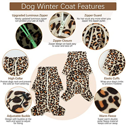 ROZKITCH Dog Winter Pajamas, Pet Windproof Warm Cold Weather Jacket Vest with Luminous Zipper, Jumpsuit Apparel Outfit Clothes for Small Medium Large Dog Brown S - color: Leopard Brown, size: S