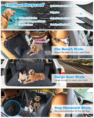 Dog Car Seat Cover for Back Seat, 100% Waterproof Pet Seat Cover with Mesh Visual Window, Scratchproof Nonslip Dog Hammock for Car, Bench & Cargo Liner Style, Universal Size Fits Cars, SUVs, Trucks