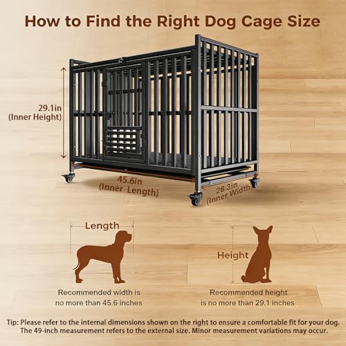 Heavy Duty Dog Crate, Escape-Proof Indestructible Cage for High-Anxiety Dogs, 3-Door Kennel with 4 Lockable Wheels and 2 Removable Trays Ideal for Large & Medium Breeds (49in) - size: 49.0"L x 29.2"W x 37.0"H