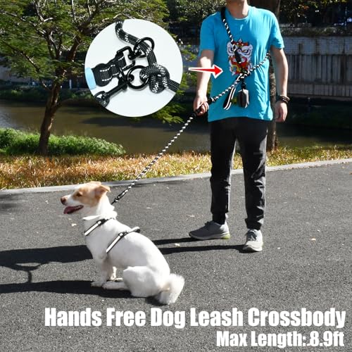 Two Point Control & Hands Free Dog Leash, Waist & Crossbody Leash with Car Seat Belt Clip, Heavy Duty Reflective & Tangle-Free, No Pull Harnesses Compatible for Large Medium Dogs, Black