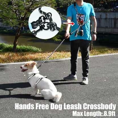 Two Point Control & Hands Free Dog Leash, Waist & Crossbody Leash with Car Seat Belt Clip, Heavy Duty Reflective & Tangle-Free, No Pull Harnesses Compatible for Large Medium Dogs, Black