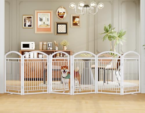 Folding No-Assembly Metal Freestanding Dog Gate with Door Walk Through,32" Height Pet Fence,144" Extra Wide Accordion Puppy Folding Playpen for Doorways,House,Stairs (6 Panels,White) - color: White, size: 6 Panels with Door 32"H*144"W