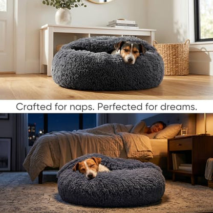 Himax Medium Dog Bed, Round Dogs Beds with Blanket Attached, Comfort Fluffy Calming Dog Bed Washable (20"/26"/35") Deep Grey - color: Grey, size: 26.0"L x 26.0"W x 9.0"Th