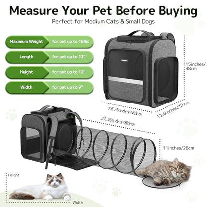 Cat Backpack with Detachable Play Tunnel, 2 in 1 Cat Tunnel Backpack Suitable for Carrying & Playing, Expandable Dog Backpack for Small Medium Kitten Puppy, Suitable for Travel Hiking Camping - color: Grey+Tunnel