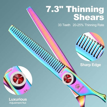 GLADOG Pro Rainbow 17.8cm(7인치) 전문 반려동물 그루밍 가위 키트, 6-in-1 강아지 가위, 티타늄 코팅, 스테인리스 스틸, 오른손잡이용, 5개입 - style: 프로 레인보우