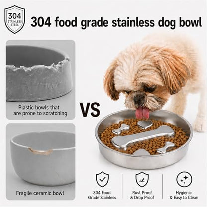 Slow Feeder Dog Bowl – 2 Cups Stainless Steel Puzzle Maze Bowl with Non-Slip Rubber Base, Upgraded 304 Food-Grade Metal Bloat Stop Anti-Gulping Slow Feed Bowl for Medium & Small Breeds