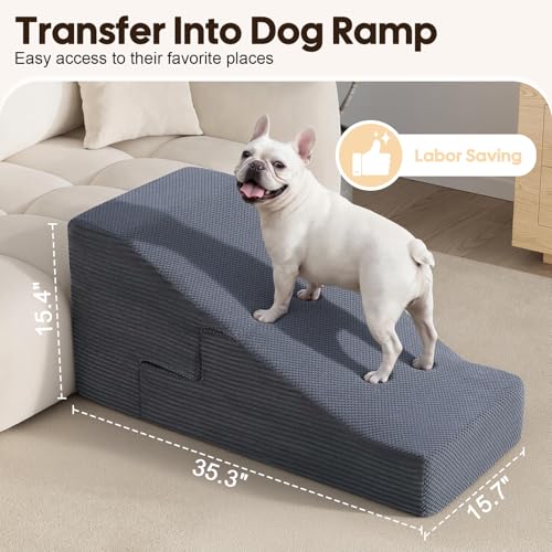 Dog Ramp for Bed Couch, 20.4" H Dog Stairs for Small Dogs | 2 in 1 Transformable 4-Step Pet Steps for Bed, Foldable Cats Ramp to Get on Bed, Non-Slip Balanced, Grey - size: 15.7 X 28.3 X 20.4 In